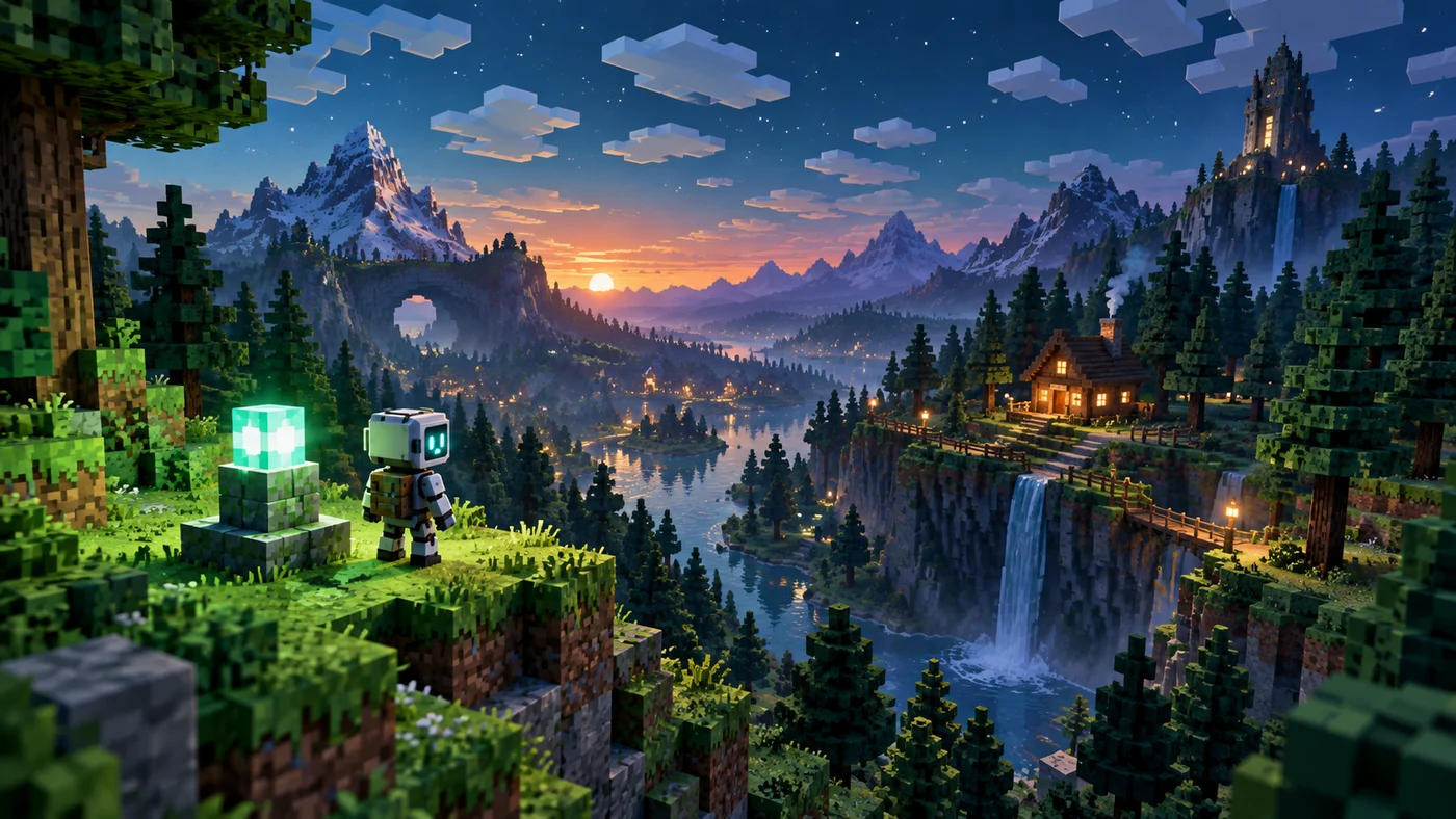 Concept illustration of a small robot exploring a glowing voxel landscape